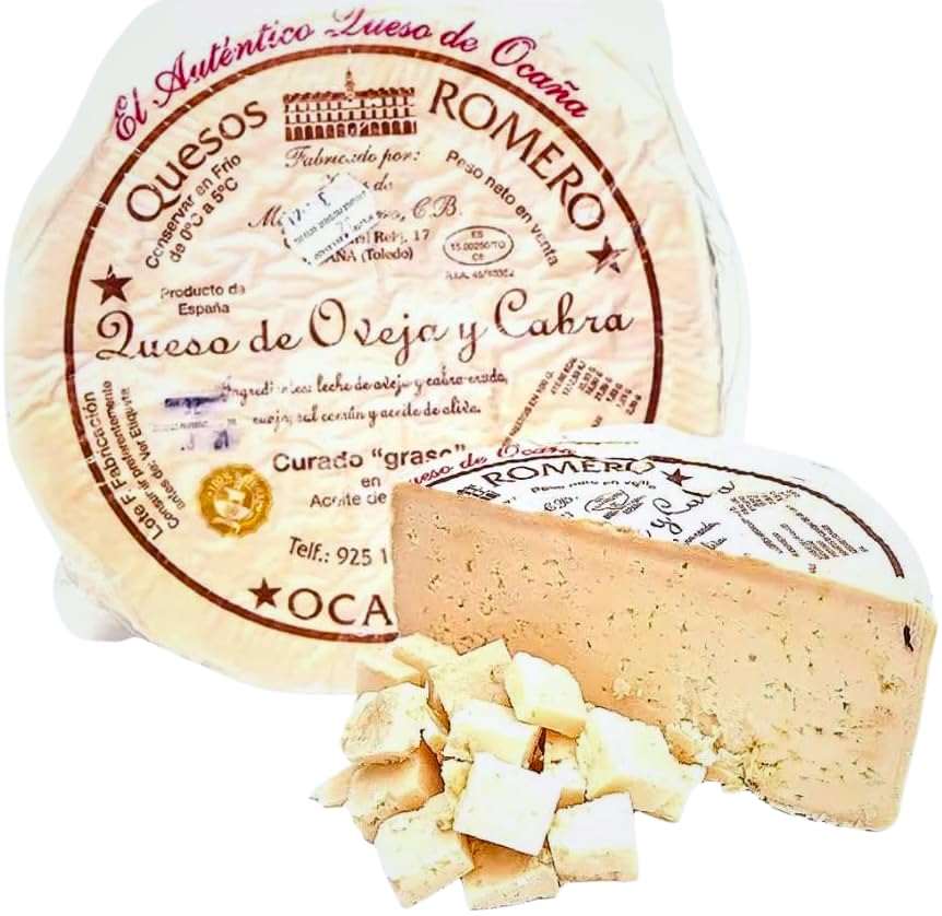 Quesos Romero - Queso Curado de Oveja y Cabra (Ocaña, Toledo) - Pieza Entera 3 Kg Aprox. - Elaborado con Leche Cruda y Madurado en Aceite de Oliva - Sabor Intenso y Textura Mantecosa