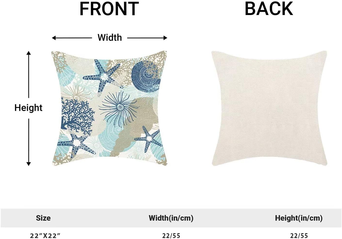 Nautical Coastal Throw Pillow Cover 22 x 22 Inch Pack of 2,Summer Beach Ocean Themed Decorative Pillow Covers Square Linen Starfish Seashell Pillow Cases Cushion for Bedroom Home Sofa Decoration image 2