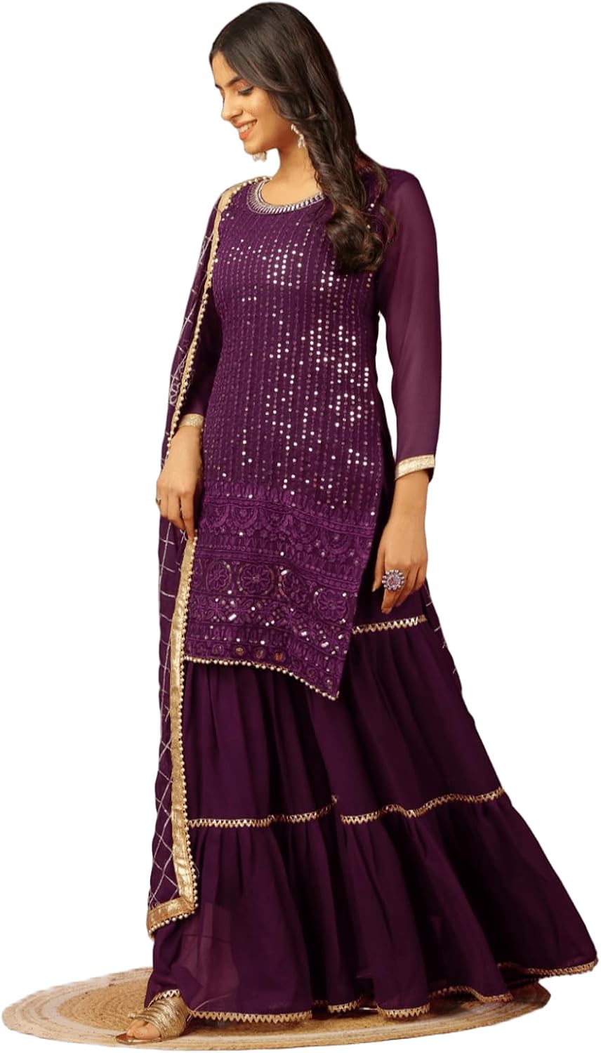 Beautiful Chinnon Punjabi Style Sharara Suit For Women Ready To Wear Salwar Kameez With Dupatta