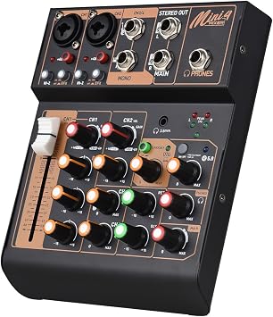 Audio Mixer Portable 4-Channel DJ Mixer Console Mini Sound Mixing Board with USB BT 48V Phantom Power 3-band EQ Loopback Button Audio Console for Live Performances Studio Party