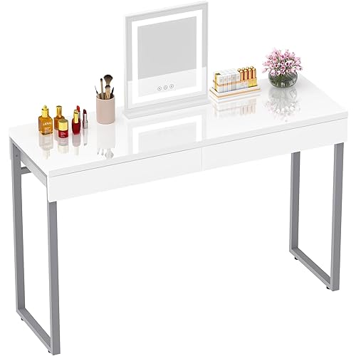 GreenForest Vanity Desk with 2 Drawers Glossy White 47 inch Modern Home Office Computer Writing Desk Makeup Dressing Table with Metal Silver Legs for Bedroom,Silver