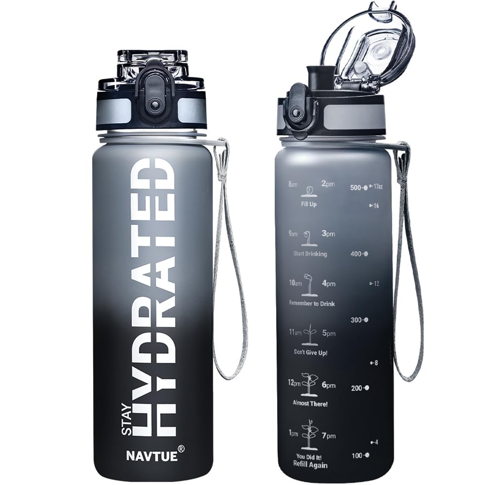 Water Bottle 16oz Sports Water Bottles with Time Marker Wide Mouth Motivational and Leakproof Drink Bottle BPA Free