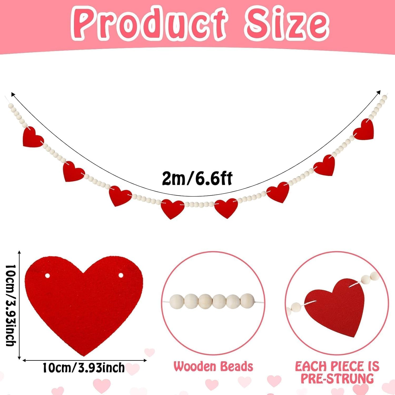 Valentine' s Day Decoration Include 2Pcs 6.6ft Valentine Felt Red Heart Garland with Wood Beads 28Pcs Glitter Heart Hanging Swirls 4 Strings Garland for Valentine Party Supplies