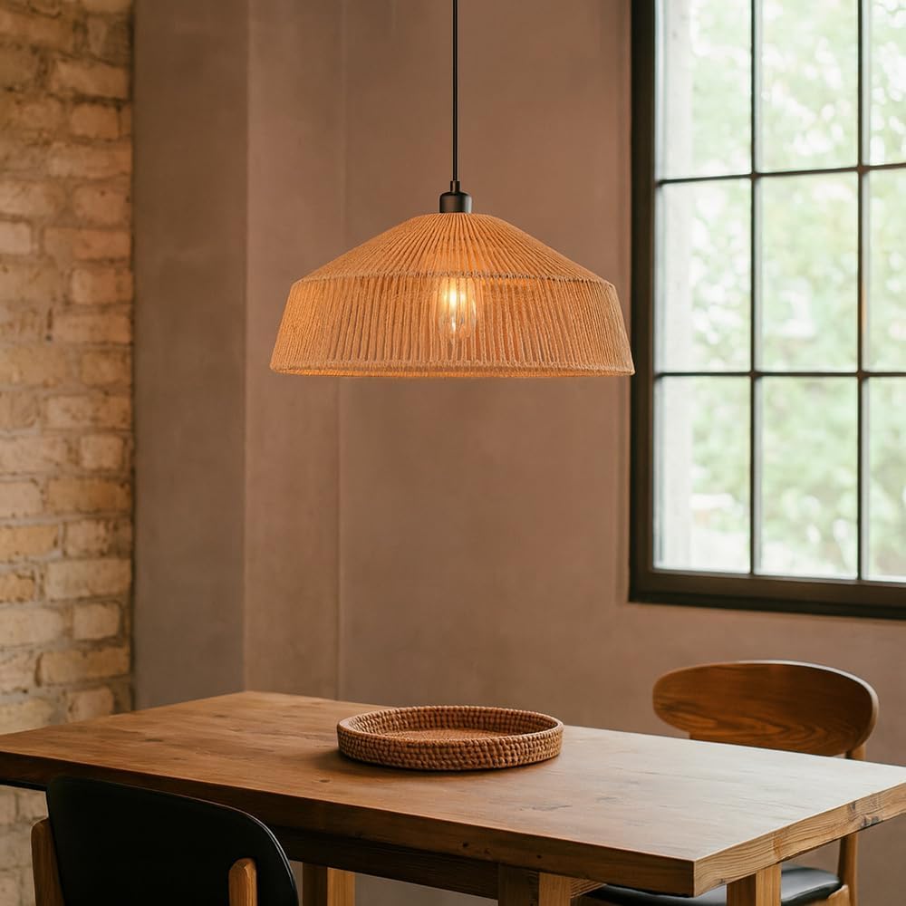 Lampadario a Sospensione in Stile Boho 40/50cm, Paralume in Rattan/Filo di Corda, Attacco E27, Altezza Regolabile, Illuminazione per Cucina Soggiorno Sala da Pranzo – Naturale LP-48 (G 50CM)