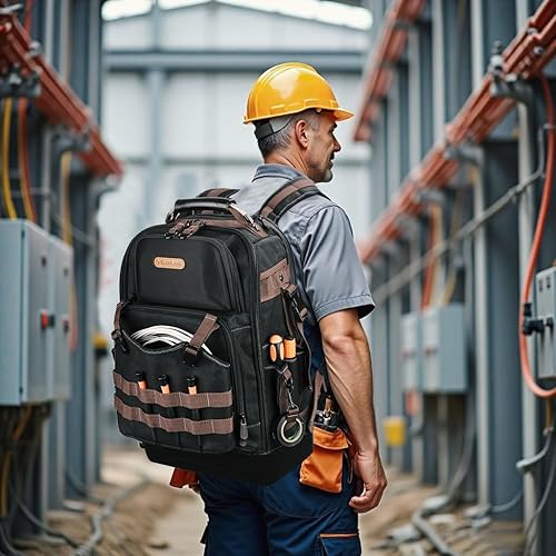 Miniatura 2 de WELKINLAND Mochila de herramientas de 76 bolsillos, mochila para electricista de fondo duro, mochilas grandes de alta resistencia para HVACmecánico,