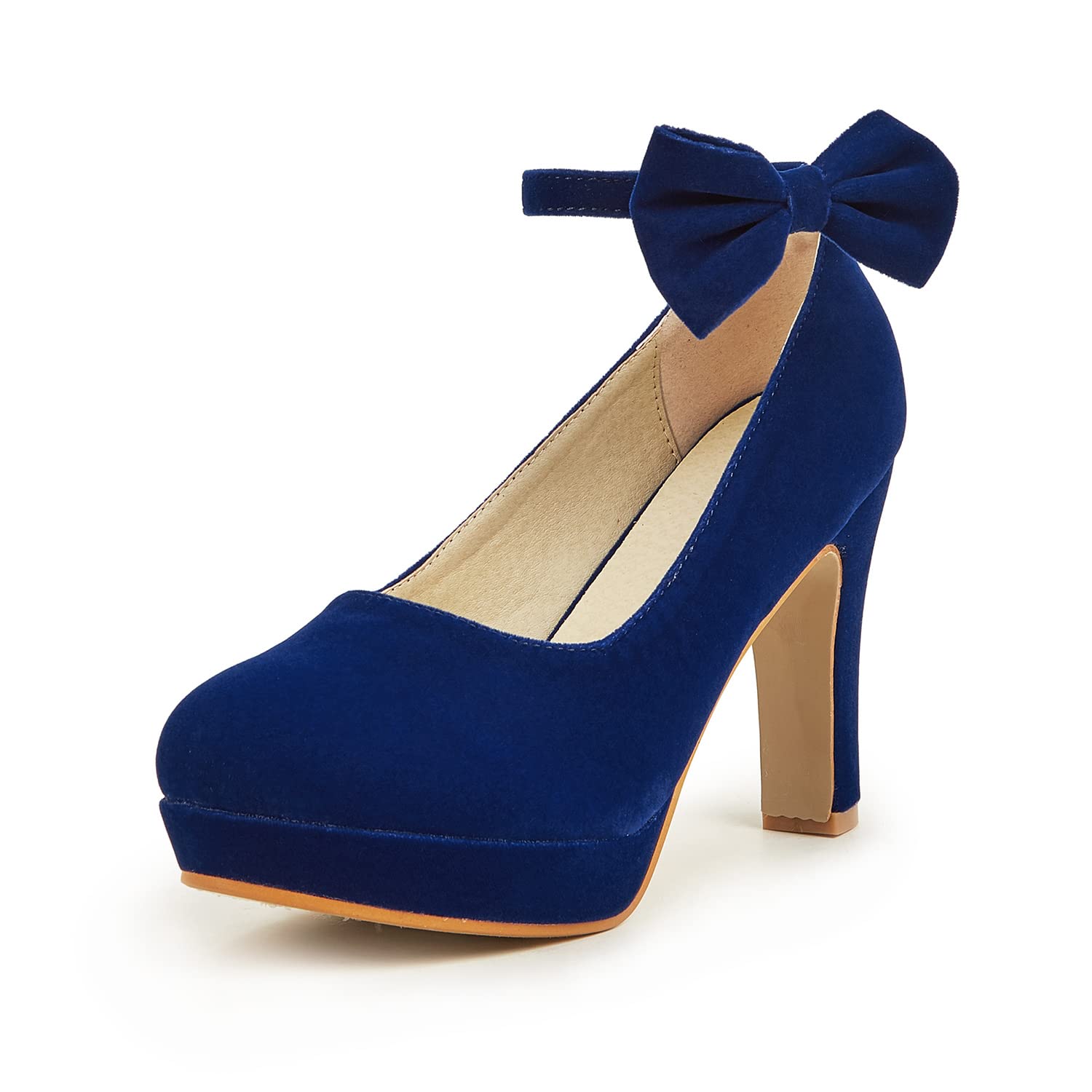 GATUXUS Women's Platform High Heel Dress Pumps Ankle Strap Bow Chunky Heels Shoes for Party Wedding Prom