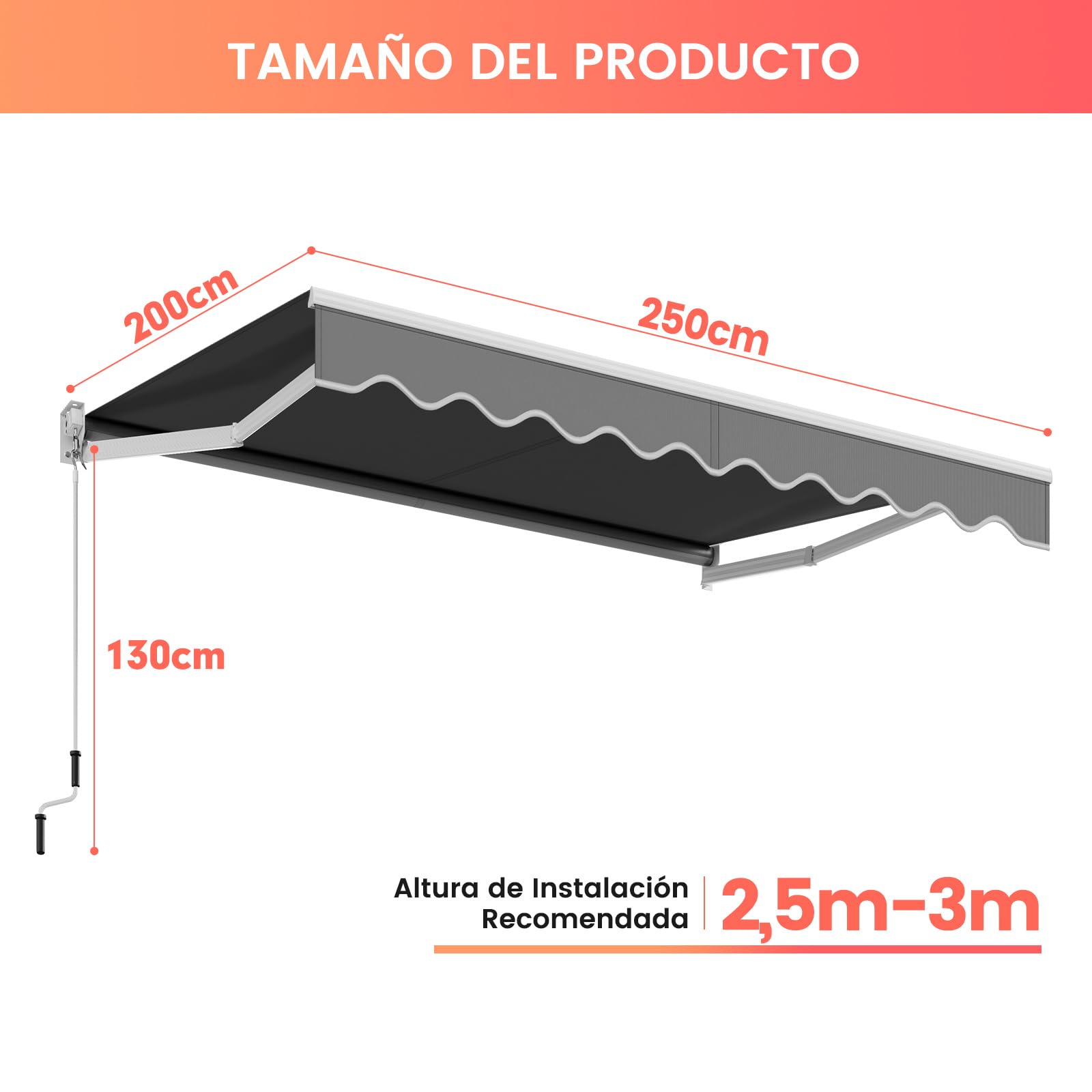 RELAX4LIFE Toldo Exterior Terraza de Marco Aluminio 2,5x2m (Gris) | con Manivela y Ángulo Ajustable 40-100°, Toldo Retráctil con Brazo Articulado, Protección Solar y de Agua para Balcón