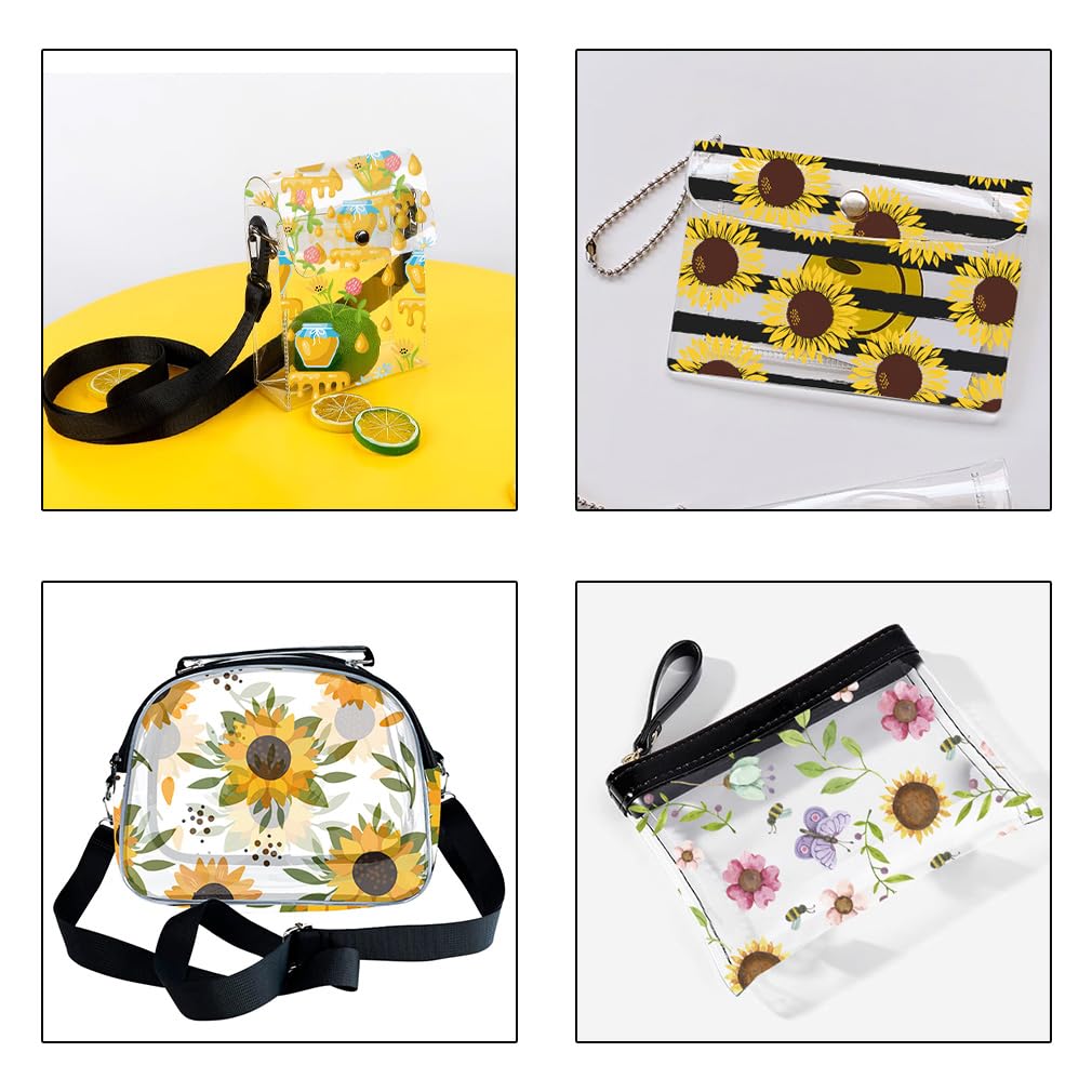 ONEART Rollo de vinilo transparente de la serie Girasol de 12 x 54 pulgadas, tela de TPU impermeable de abejas y flores para bolsos, carteras, acolchados