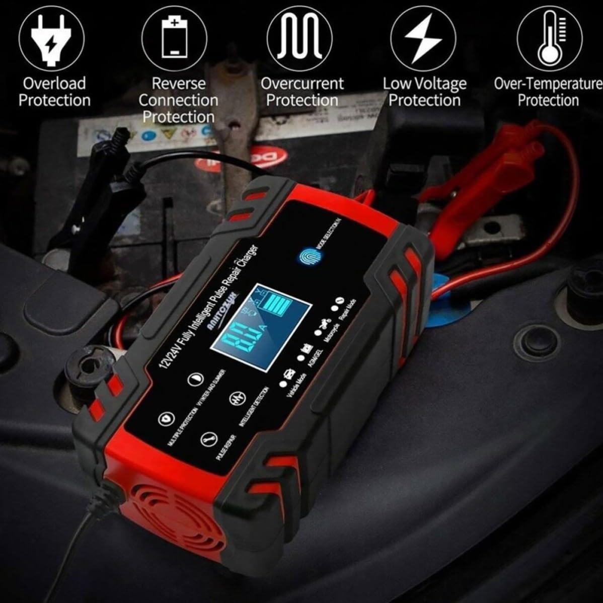 Housoutil Chargeur de Batterie Intelligent Coque Ignifuge en Abs Fonction Réparation à Impulsions 12v-24v Puissance 180w pour Voiture Usage Extérieur Facile
