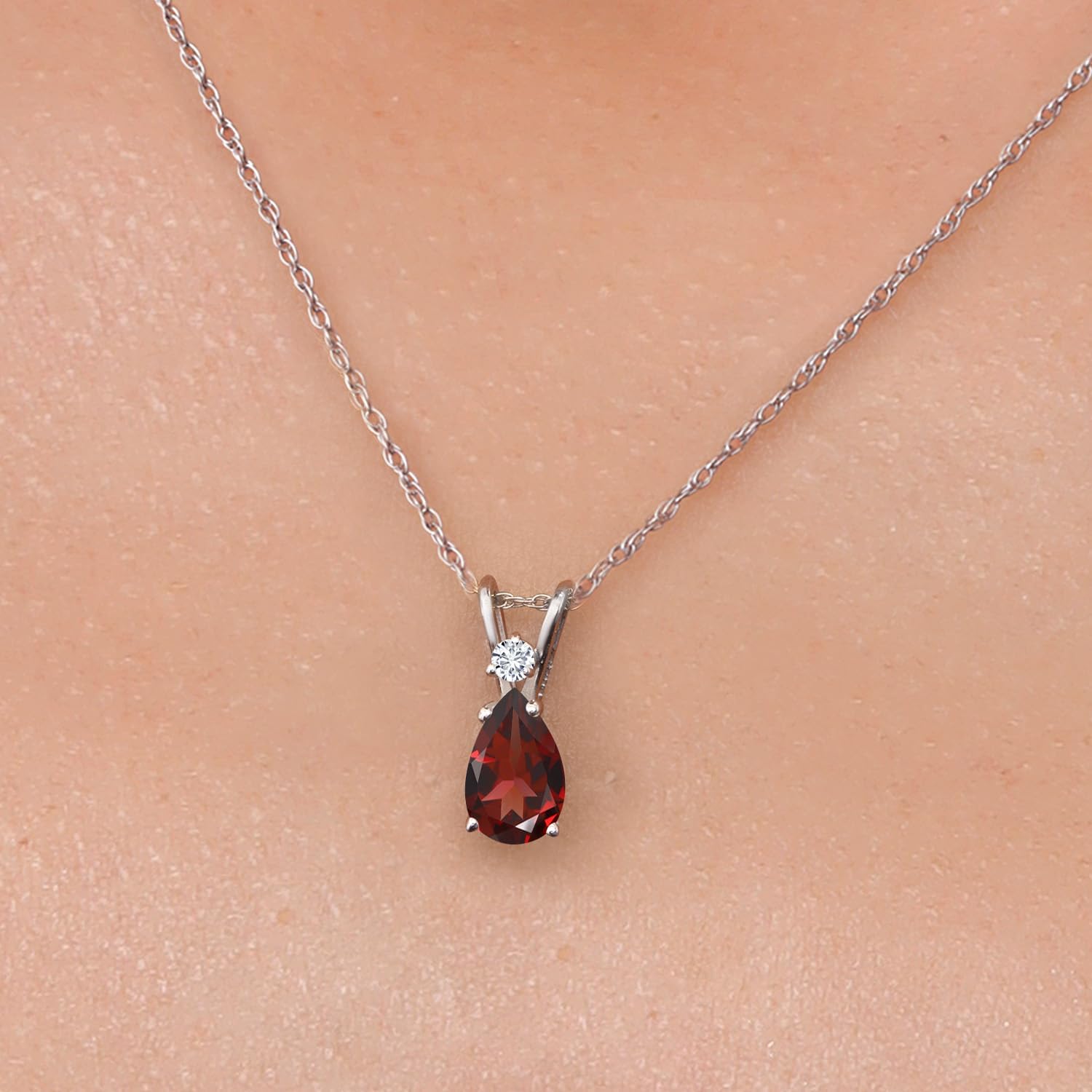 Gem Stone King 14K White Gold Teardrop Pendant Necklace for Women | 7X5MM Pear Gemstone Birthstone and Diamond Accent | 18 Inch Chain | Jewelry Gift for Her Mom Wife - Image 3