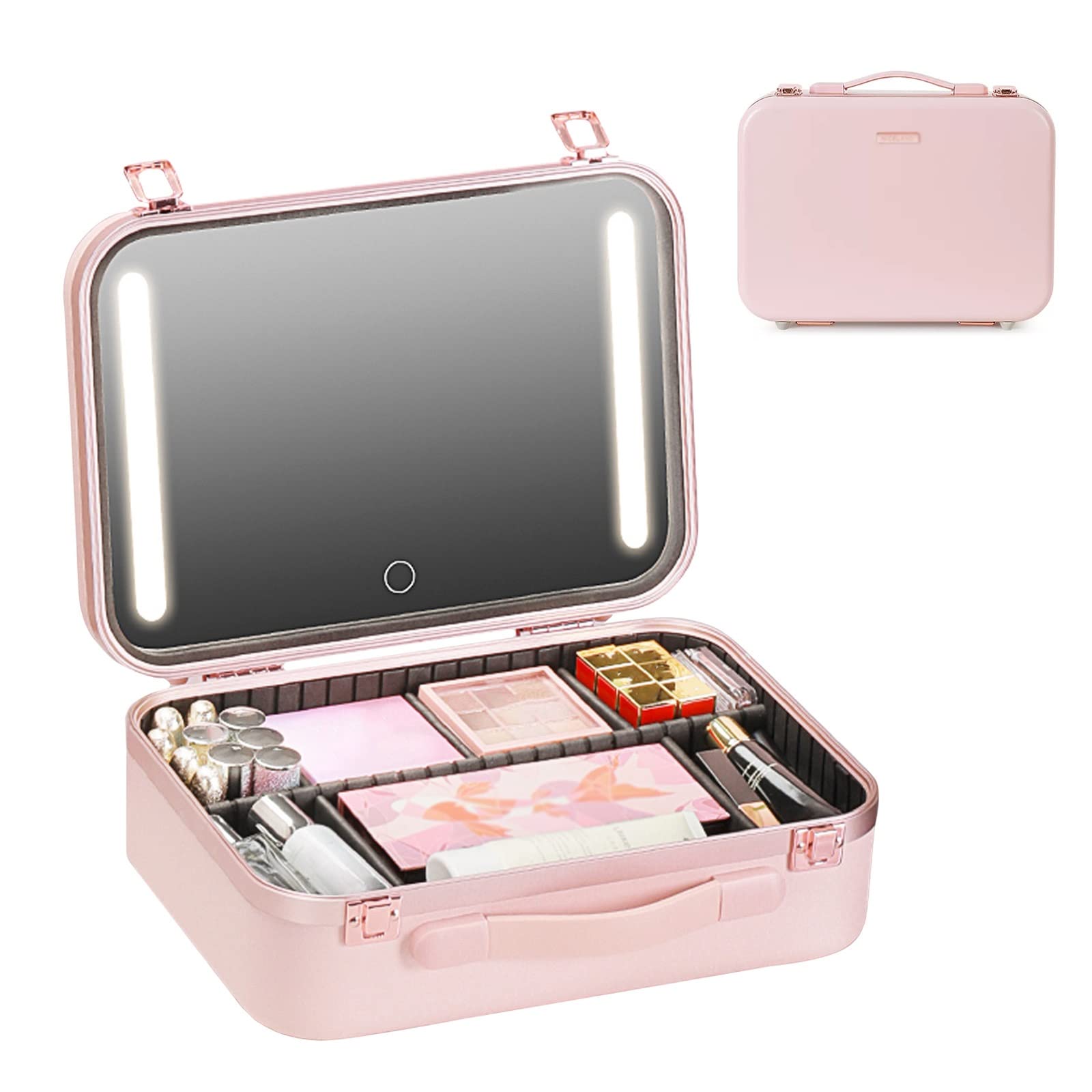 Make-up-Tasche, Kosmetiktasche, tragbar, Reise-Schminkbox, für Kosmetik, Make-up-Pinsel, Kulturbeutel, Schmuck, Aluminiumrahmen, tragbare LED-Spiegel-Make-up-Tasche, Rosa, Weiß, 1 Stück