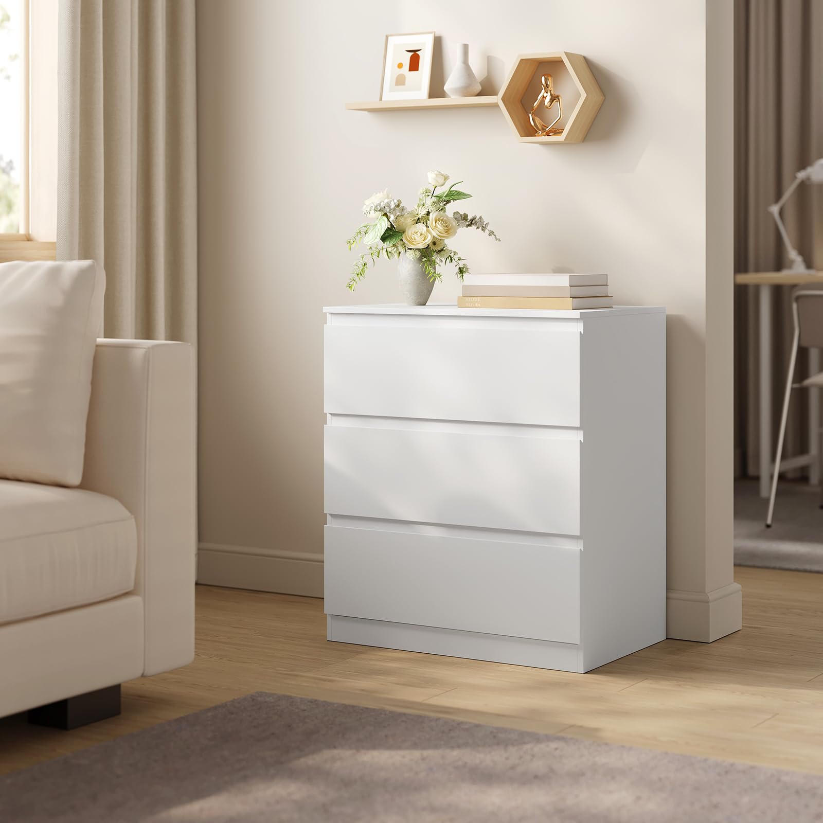 WOLTU Commode 3 Tiroirs, Chiffonnier Blanc | 60x40x70 cm, pour Salon, Chambre à Coucher, Couloir, en Bois d’Ingénierie