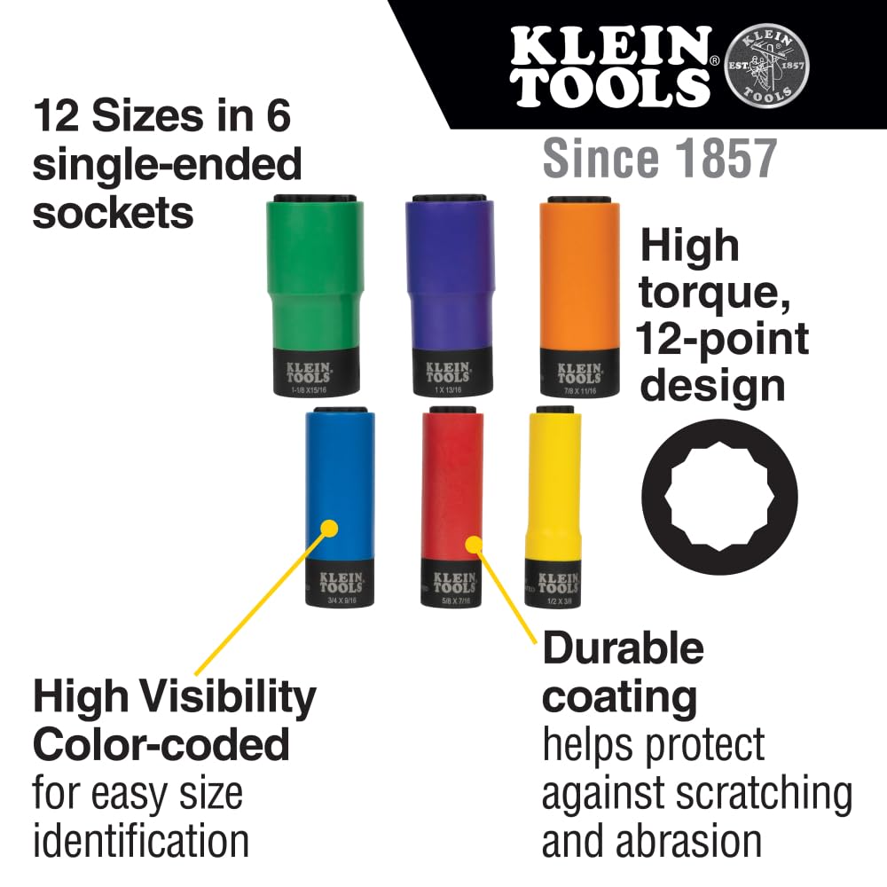 Klein Tools 66033 - Set di chiavi a bussola da 1/2" con bussole profonde SAE a 12 punti, alta visibilità, rivestimento colorato, custodia inclusa, 6 pezzi