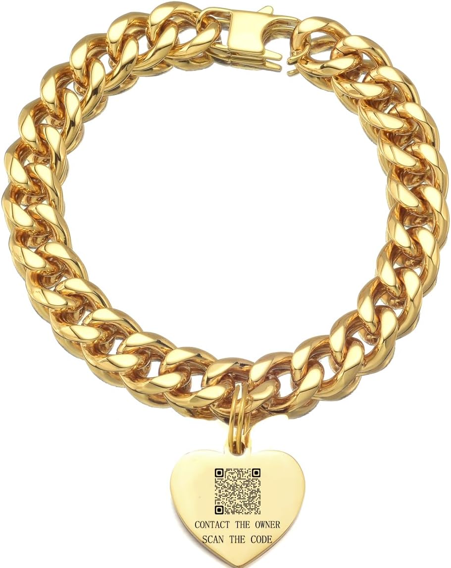 18K Gold Cat Dog Collar Kitten Puppy Wide Stainless Steel Kitten Choker Curb Chew Proof Cuban Link 1/2inch Chain with Gold Personalized…