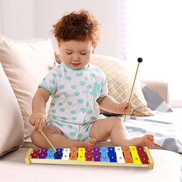CeleMoon 15 Tone Natural Wooden Xylophone for Kids Toddlers Adults, Metal Bar Glockenspiel with Multi-Colored Keys, Educational Percussion Instrument for Preschool Learning, Music Gift for Boys Girls