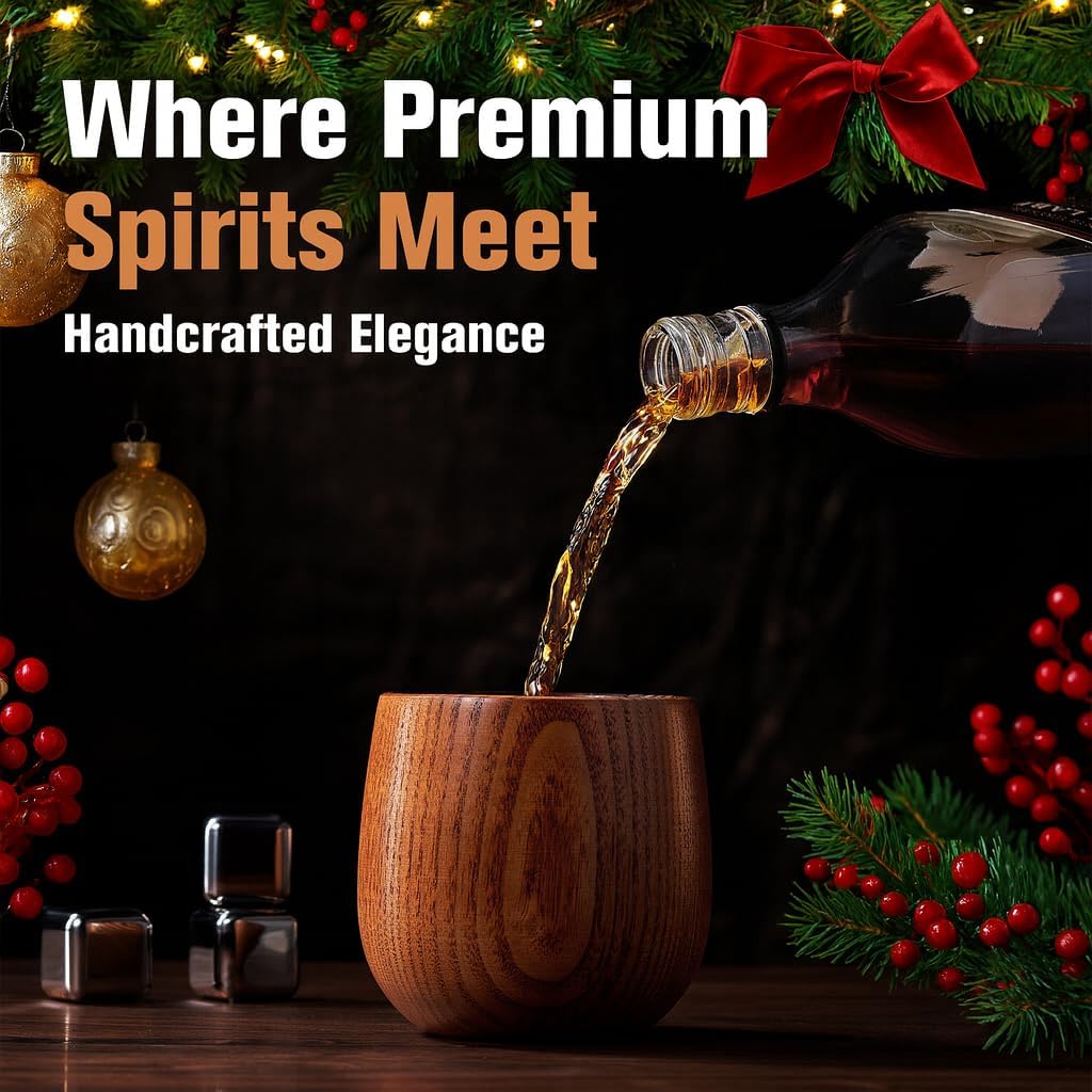 Charred Wooden Bourbon Drinking Glass, 2 Handcrafted Whiskey Tumblers | Bourbon Gifts for Men | Charred Old Fashioned Glass | Unique Whiskey Gifts for Men, Dad, or Brother - Includes 6 Metal Ice Cubes - Image 2
