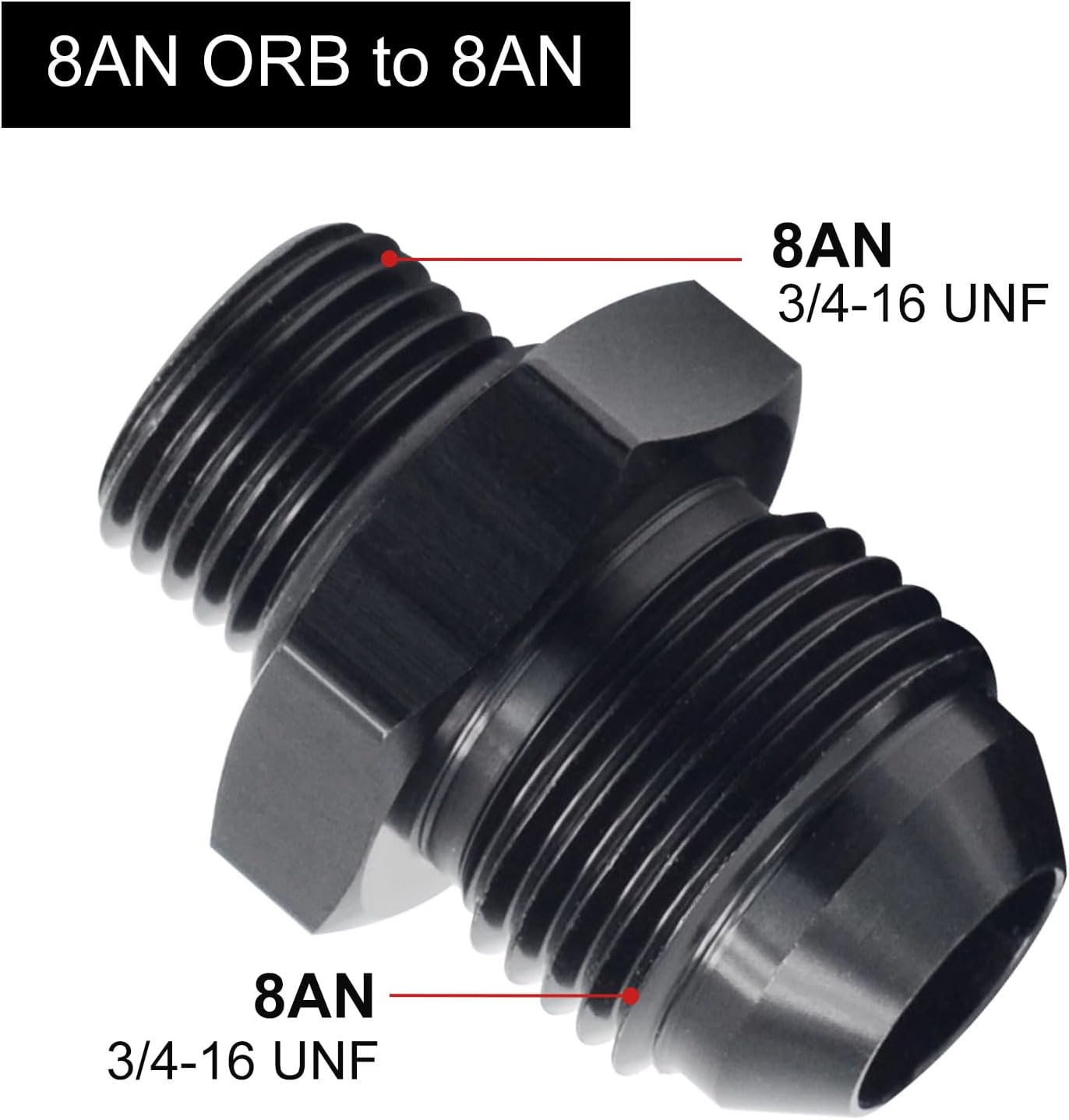 8AN Male Flare to AN8 ORB O-Ring Straight Boss Fuel Pump Rail Fitting Adapter Aluminum Black 2PCS