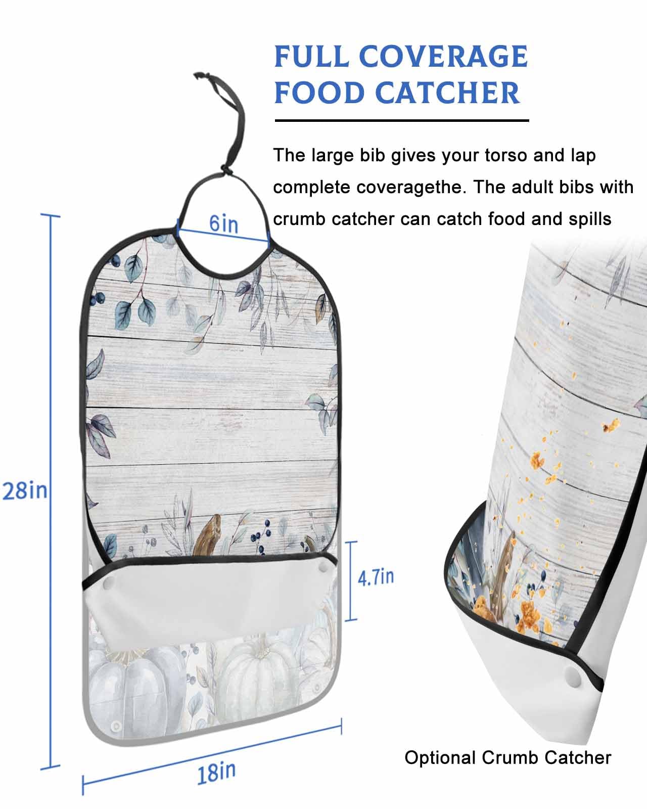 LEOKOTI Blue White Pumpkins Fall Adult Bibs for Eating, Waterproof Bibs with Food Catcher & Adjustable Snap Closure, Vintage Maple Leaf Thanksgiving Washable Clothing Protectors Adult Bibs for Elderly