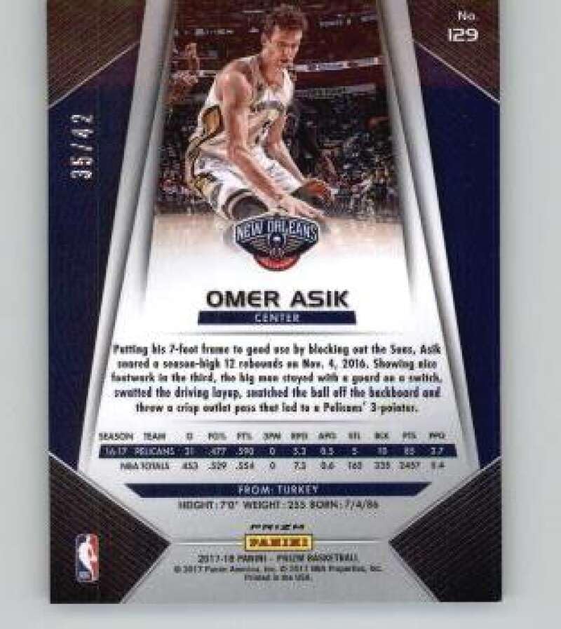 Miniatura 2 de 2017-18 Panini Prizm Prizms Pink Pulsar #129 Omer Asik 42 New Orleans Pelicans NBA Basketball Trading Card