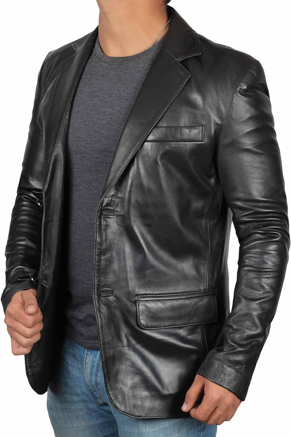Blingsoul Disc Black Leather Blazer for Men - Leather Coats for Men | [1500565] Blazer Black, XL