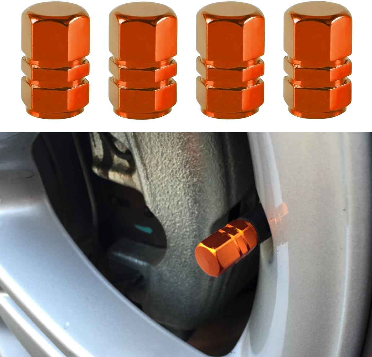 4PCS Car Tire Stem Valve Caps, Auto Hexagon Shape Dustproof Tire Cap Wheel Tire Valve Covers, Car Leak-Proof Air Protection Accessories for Cars, SUVs, Motorcycles, Bikes (Orange) 4PCS Car Tire Stem Valve Caps, Auto Hexagon Shape Dustproof Tire Cap Wheel Tire Valve Covers, Car Leak-Proof Air Protection Accessories for Cars, SUVs, Motorcycles, Bikes (Orange)