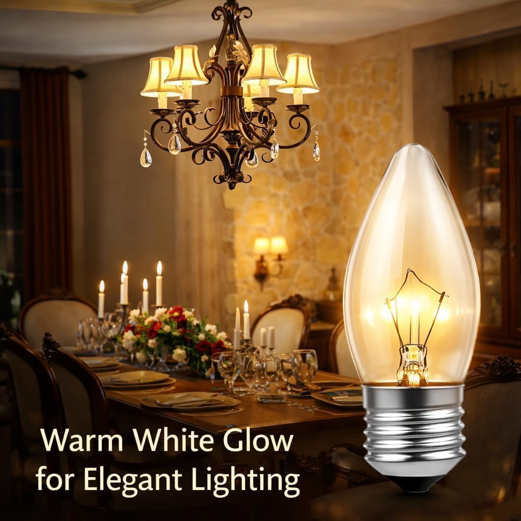 10-pack 60W Incandescent Torpedo Tip Chandelier - Crystal Clear, Torpedo TipIncandescent Clear Dimmable Light Bulbs and Medium E26 Candelabra Base,Transparent Candle Light Bulbs for Chandeliers