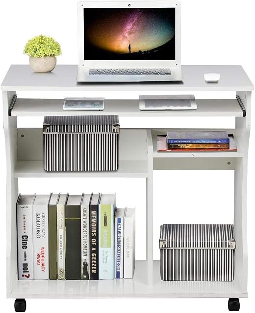 Yaheetech Movable Computer Office Desk Table Workstation Home Office Furniture with Sliding Keyboard 2 Shelves Study Workstation on Wheels White 80.1 x 48.1 x 76.2 cm