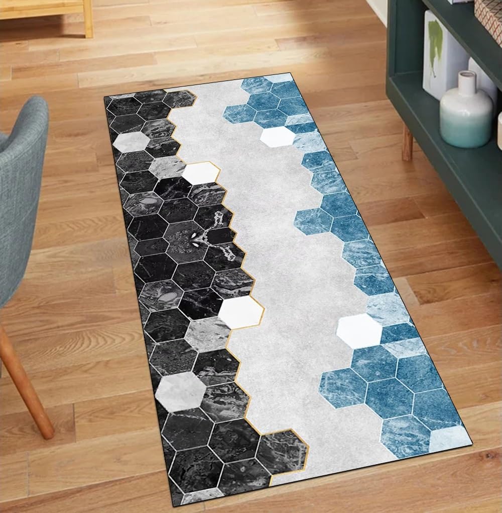 Alfombra de pasillo de 100 x 180 cm azul gris negro geométrica lavable antideslizante