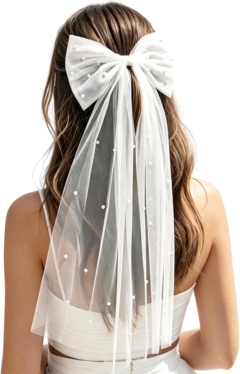 Velo de Novia con Perlas Lazo de Tul Marfil con Clip Decoraciones para Novias | Accesorio para el pelo de despedida de soltera para mujer, velos de boda para novias y mujeres
