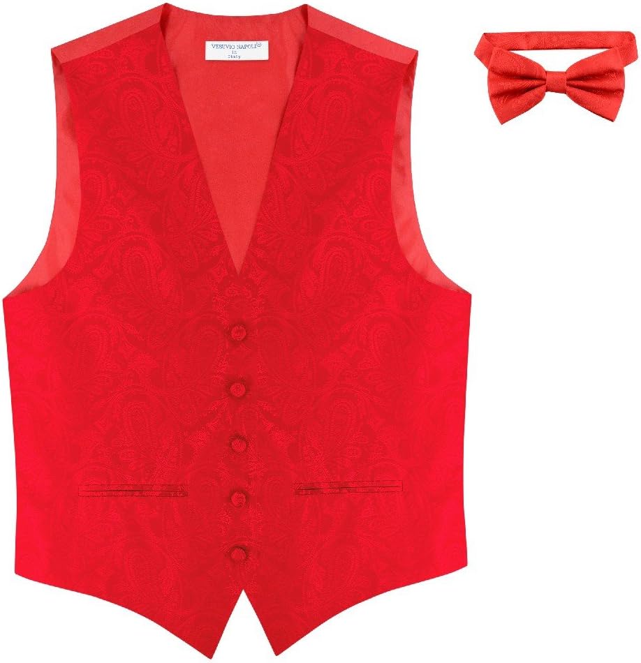 Vesuvio Napoli Men's Paisley SLIM FIT Dress Vest Bow Tie BLACK BOWTie Handkerchief Set