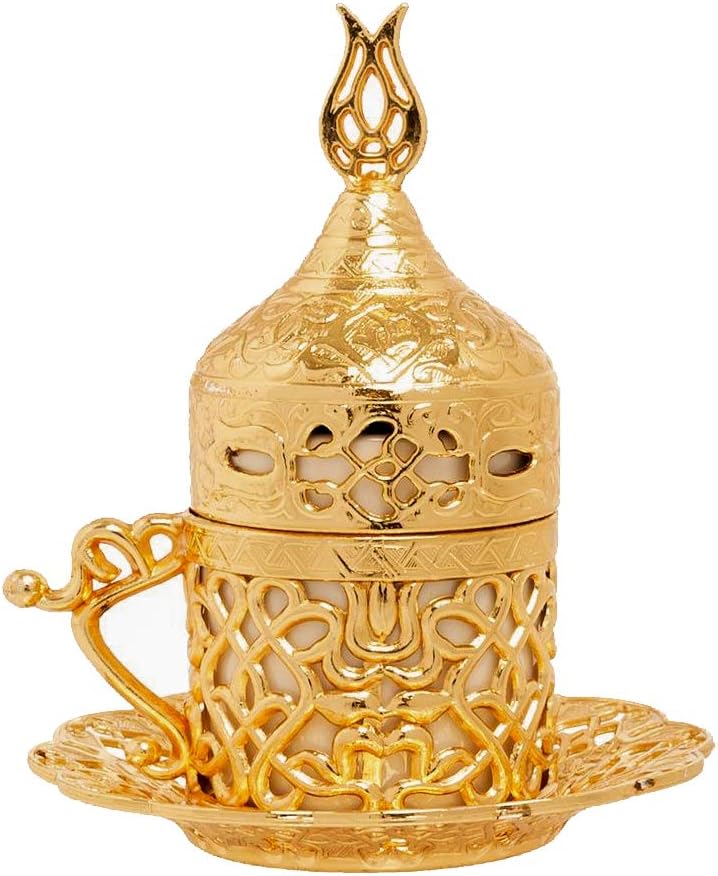 Alisveristime Turkish Coffee Set for Two - Authentic Ottoman Style Cups, Saucers, and Serving Tray with Lale Motifs (Acur) (Gold) - Image 5
