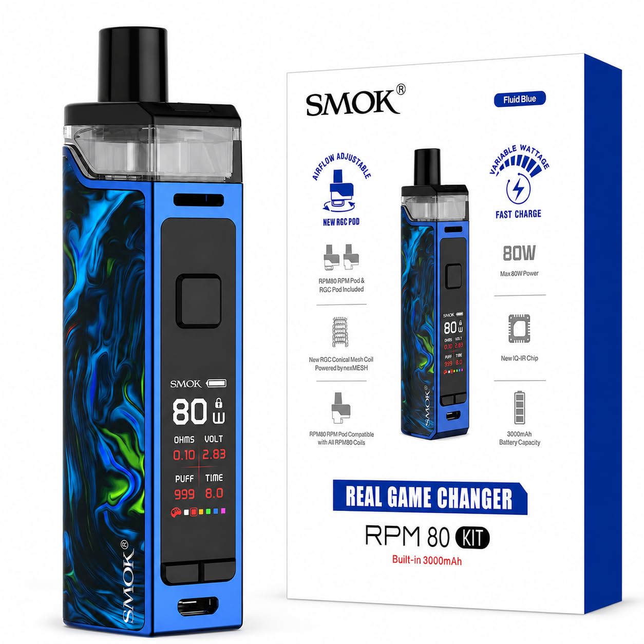 smok rpm 80 rgc pod RPM80 Mod Kit 80W Vape [Fluid Blue] Flavor:Lush Ice/Watermelon Mint How Much Juice Is coils