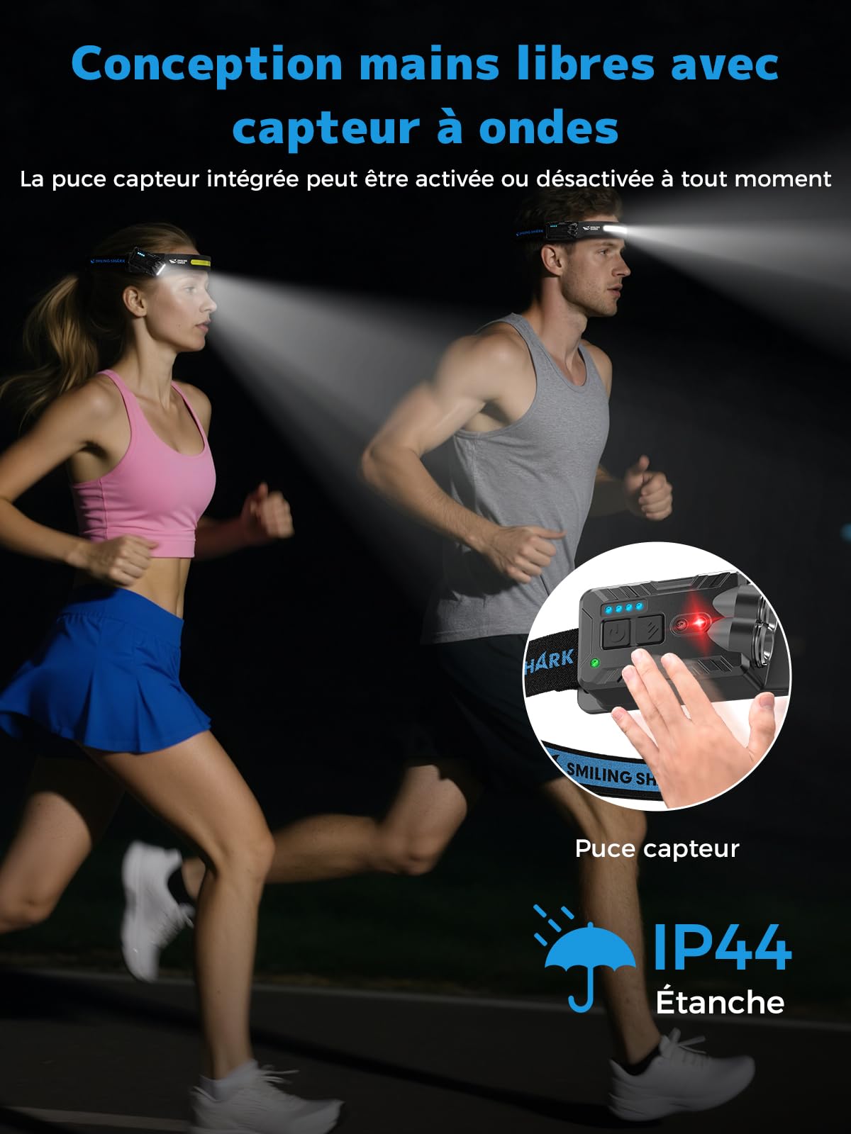 Smiling Shark Lampe Frontale, Headlamp Rechargeable 2400mAh 2 Paquets Ultra-Lumineuse Lumière Blanche & 2 Lumière Spot Rotatable à 270°, Head Lamp Avec Capteur de Motion pour Randonnée Camping