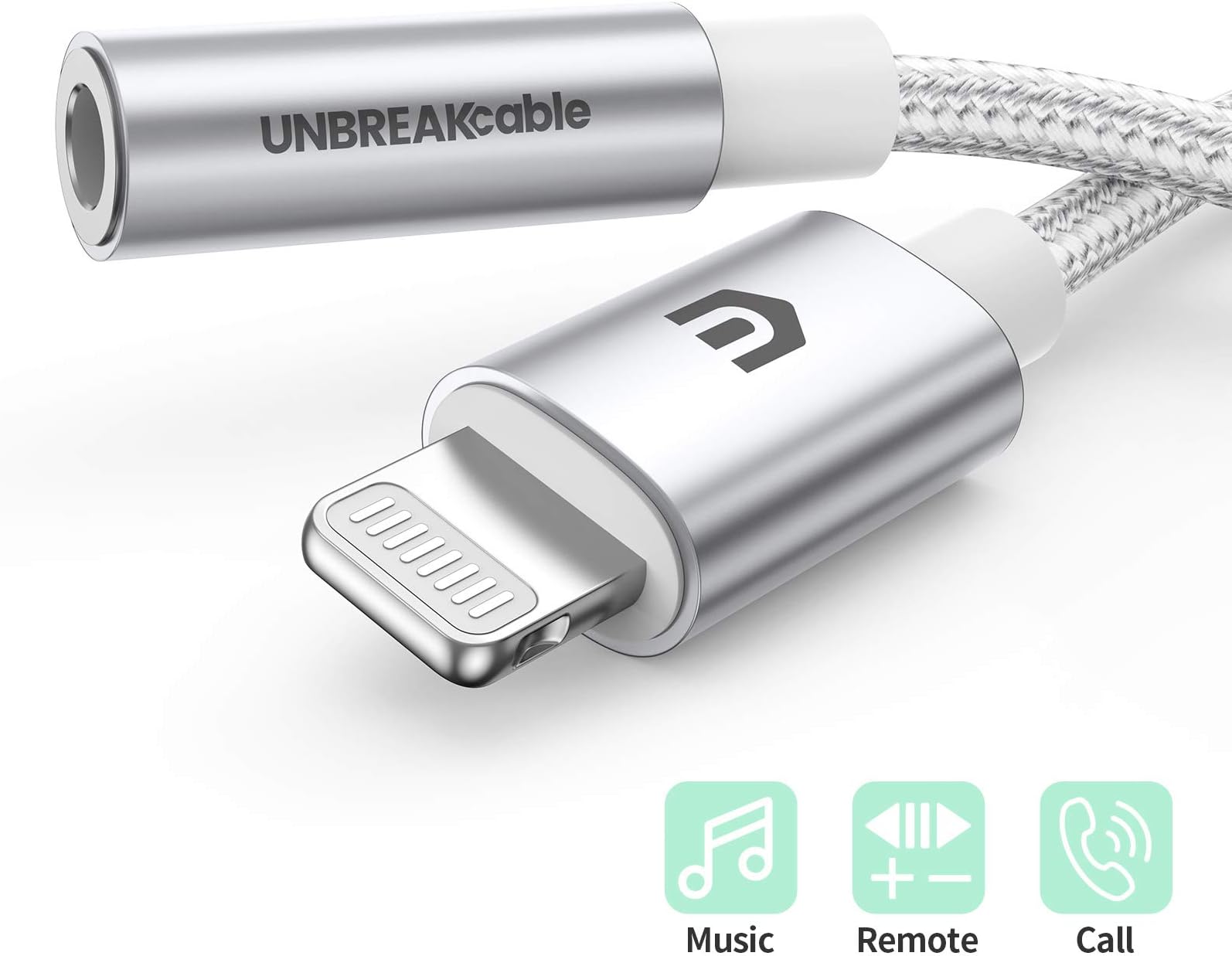 UNBREAKcable iPhone Headphone Adapter [Apple MFi Original Chip] iPhone Lightning to Headphones 3.5mm Jack Adapter Compatible with iPhone 13/13 Pro/12/11/8/7/SE/XR, iPod, iPod - Braided, Silver