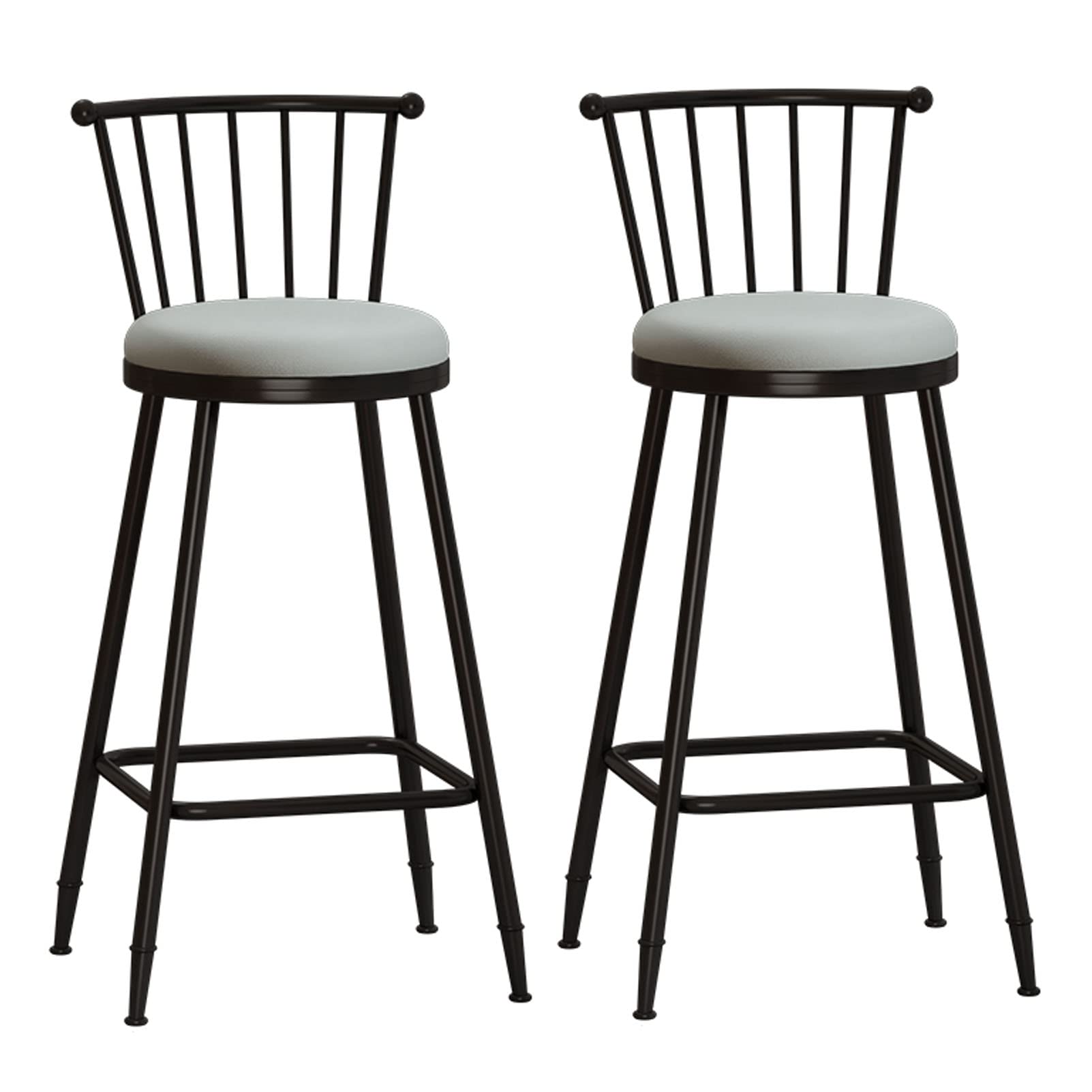 KLZUOPT Luxury Barstool Faux Leather High Bar Stool Breakfast Stool with Backrest Black Metal Legs Counter Chair for Pub, Bar, Restaurant or Home 2Pcs,Grey Cushion,75cm Sitting Height