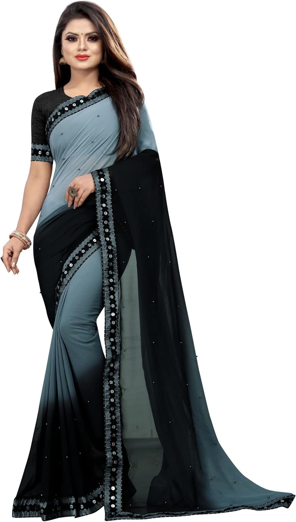 Women's Georgette Moti work Ombre Pattern Saree with Blouse Piece (1070-A-Black)