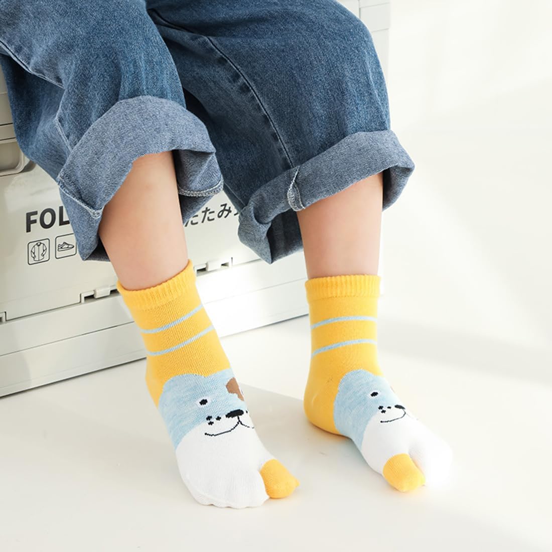 5 Pairs Kids Cotton Two Big Toe Tabi Flip Flops V Socks Cute Cartoon Animals Socks for Boys Girls 3-12 Years