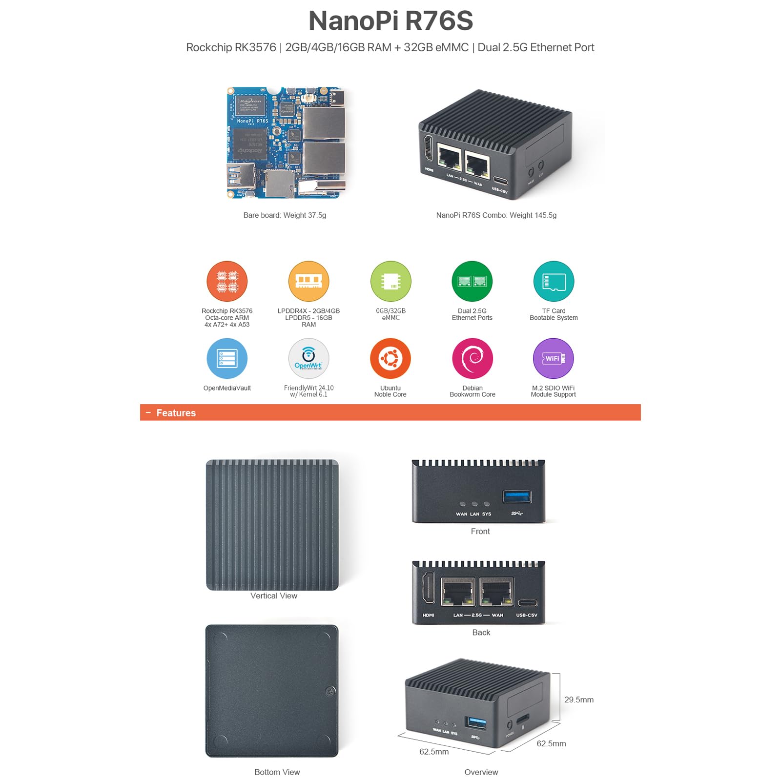 NanoPi R76S RK3576 Routeur Octa-Core 2,5 G, 3/4 Go LPDDR4X 0/64 Go eMMC, 6TOPS NPU, Dual 2,5 GbE, M.2 SDIO, USB 3.2, 4K HDMI, Mini IoT Gateway (3 Go de RAM - sans eMMC, avec carte TF 64 Go et bloc
