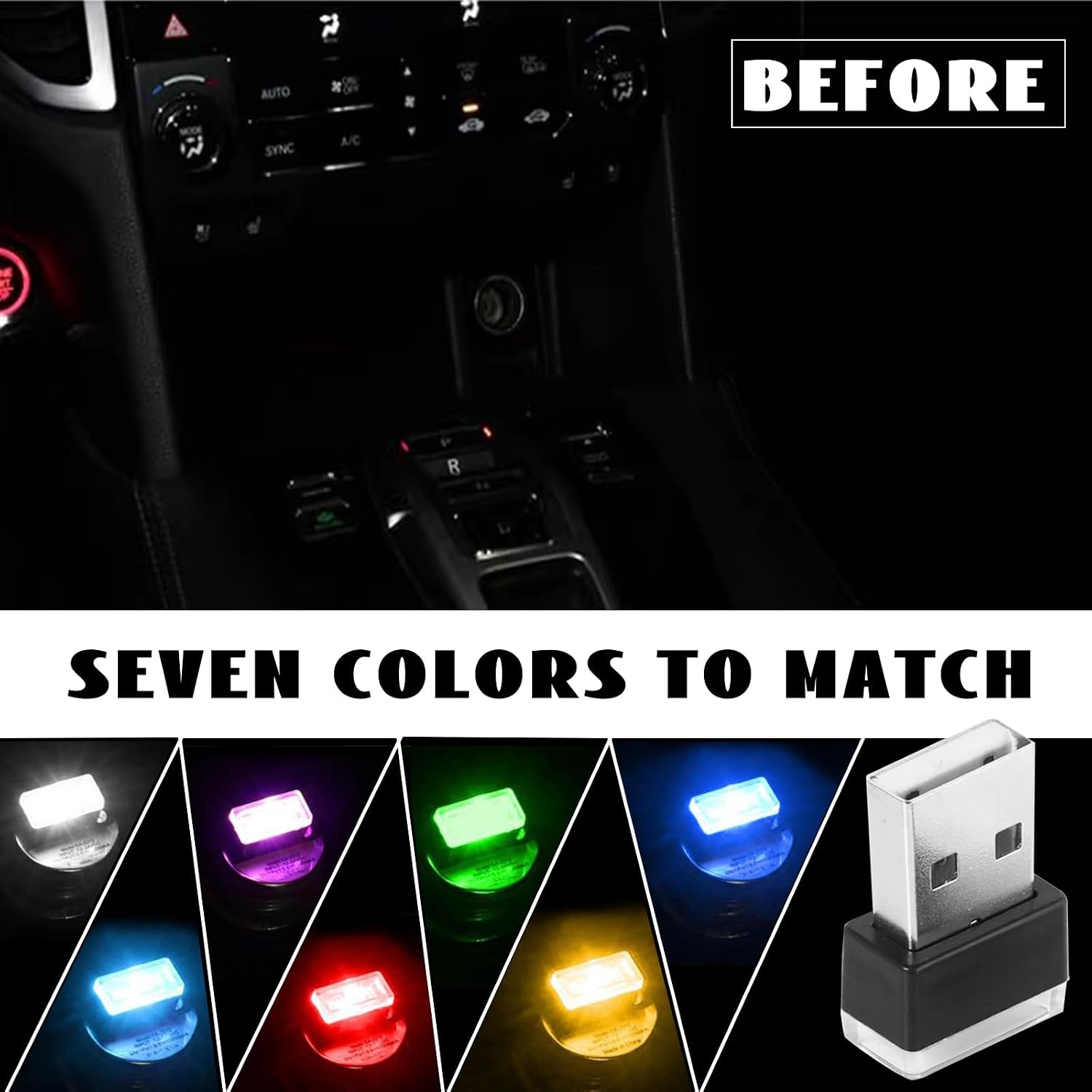 NTNEV 7PCS USB LED Car Interior Atmosphere Lamp, Mini Led USB Lights for Car Decoration, Ambient Lighting Kit, Plug-in USB Interface, Universal Car Interior Accessories(Multi-Color)