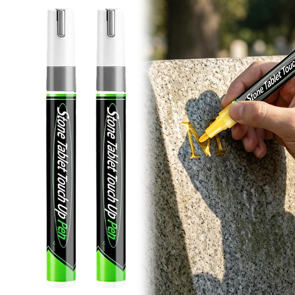 2PC Golden Tombstone Marker Pen, Stone Marker Paint Pen for Restoring Faded Grave Inscriptions, Waterproof Stone Touch-up Pen Monument Paint for Gravestone Lettering and Memorial Inscriptions (Silver)