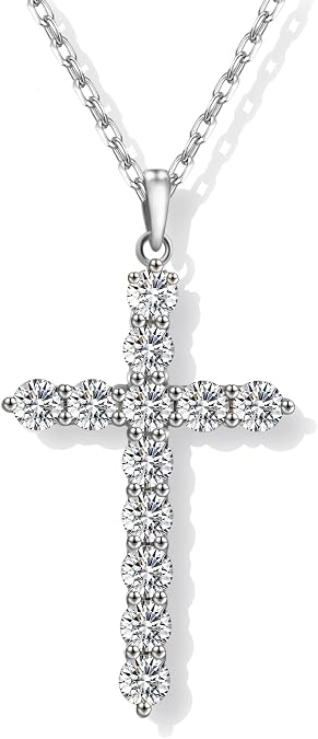 Moissanite Cross Necklace for Women, Diamond Cross Necklaces for Men, Sterling Silver or Gold Cross Pendant Necklaces