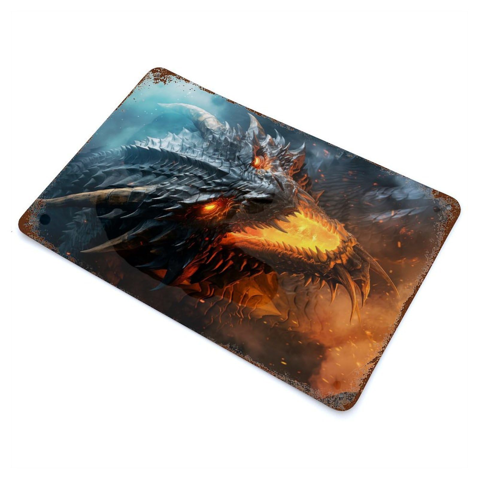 Rust Effect Roaring Dragon Aged Metal Wall Plaque 11.8"x7.9", Rustic Home Decor for Bistro, Counter And Cafe Decor