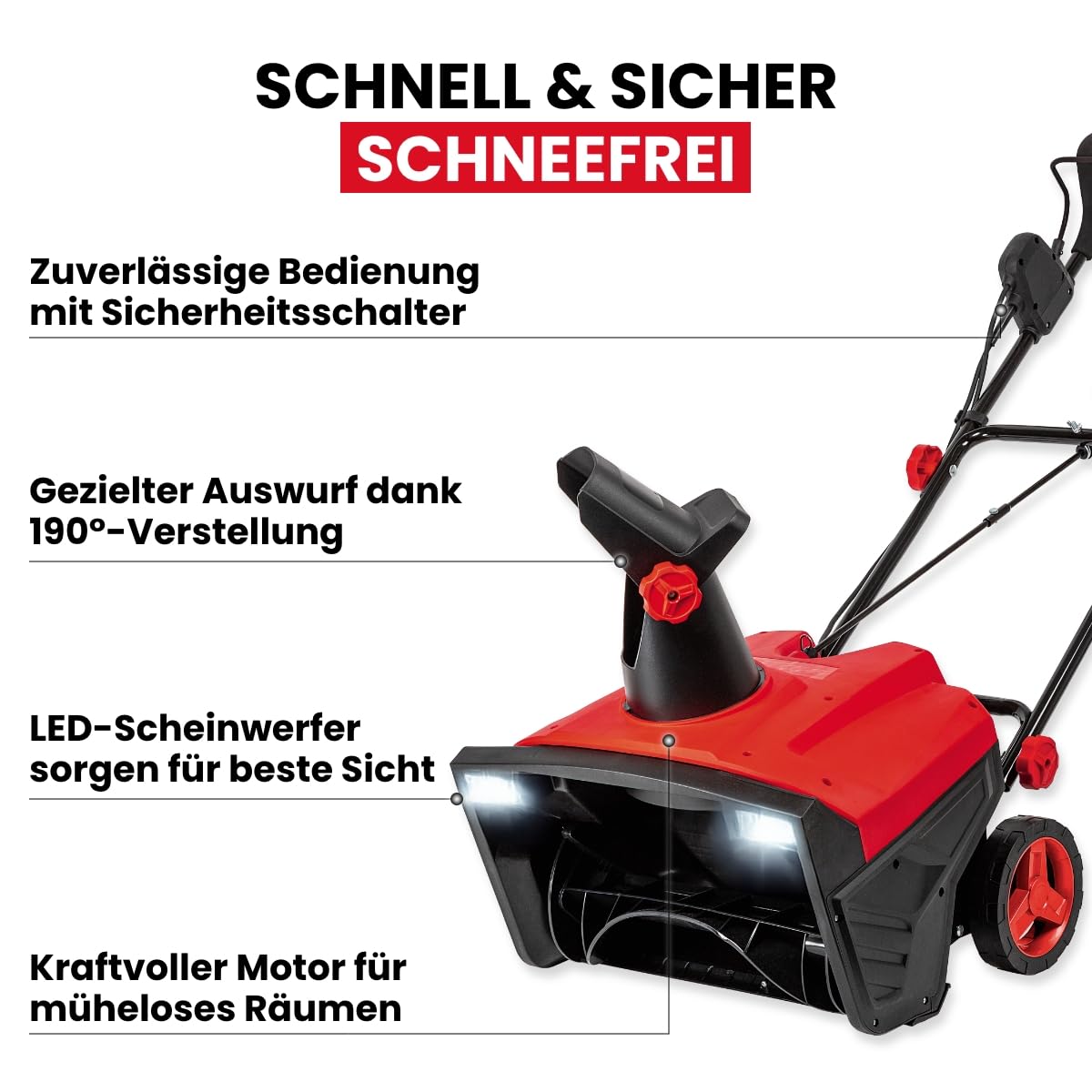 WALTER Elektro Schneefräse 2300 W – 50 cm Arbeitsbreite, 25 cm Räumhöhe, LED-Scheinwerfer, 9 m Wurfweite, 190° Auswurf – leise & kraftvoll für Einfahrt & Gehweg