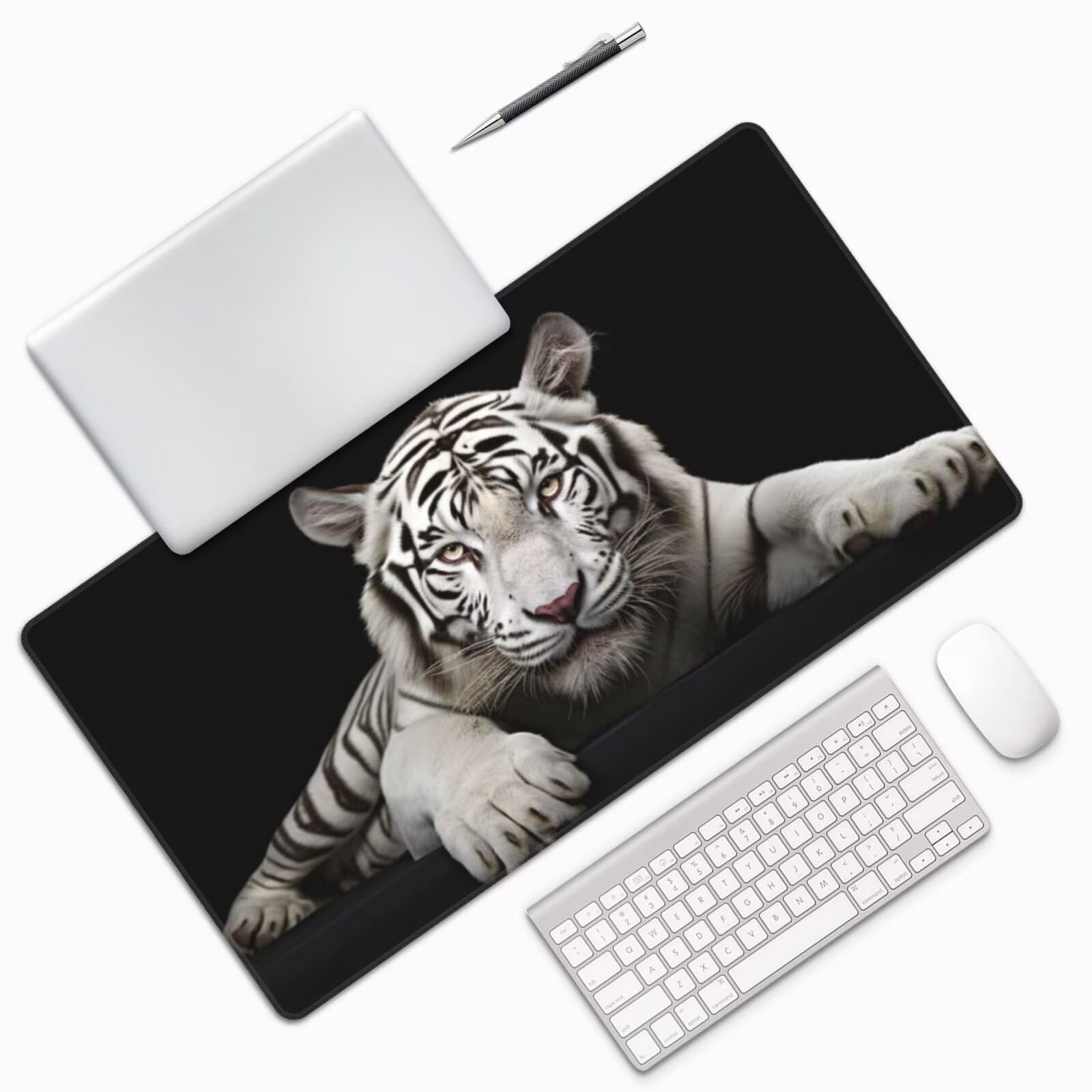 Gaming Mauspad XXL,900 x 600 x 3mm Mousepad Verlängertes Groß Mauspad Schreibtischauflage,Genähte Kanten Rutschfeste Gummibasis,Verbessert Präzision und Geschwindigkeit Home Office Weißer Tiger L-1858