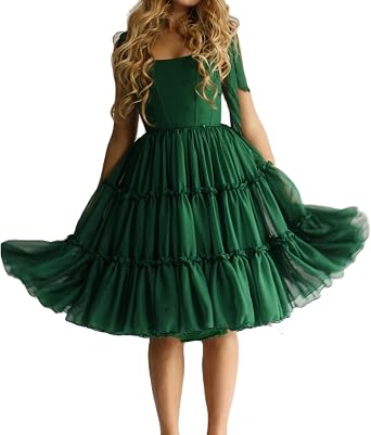 Women Tulle Puffy Prom Dress Strap Ties Scoop Neck Mesh Ruffle Layering Midi Dress Fairy Birthday Dresses