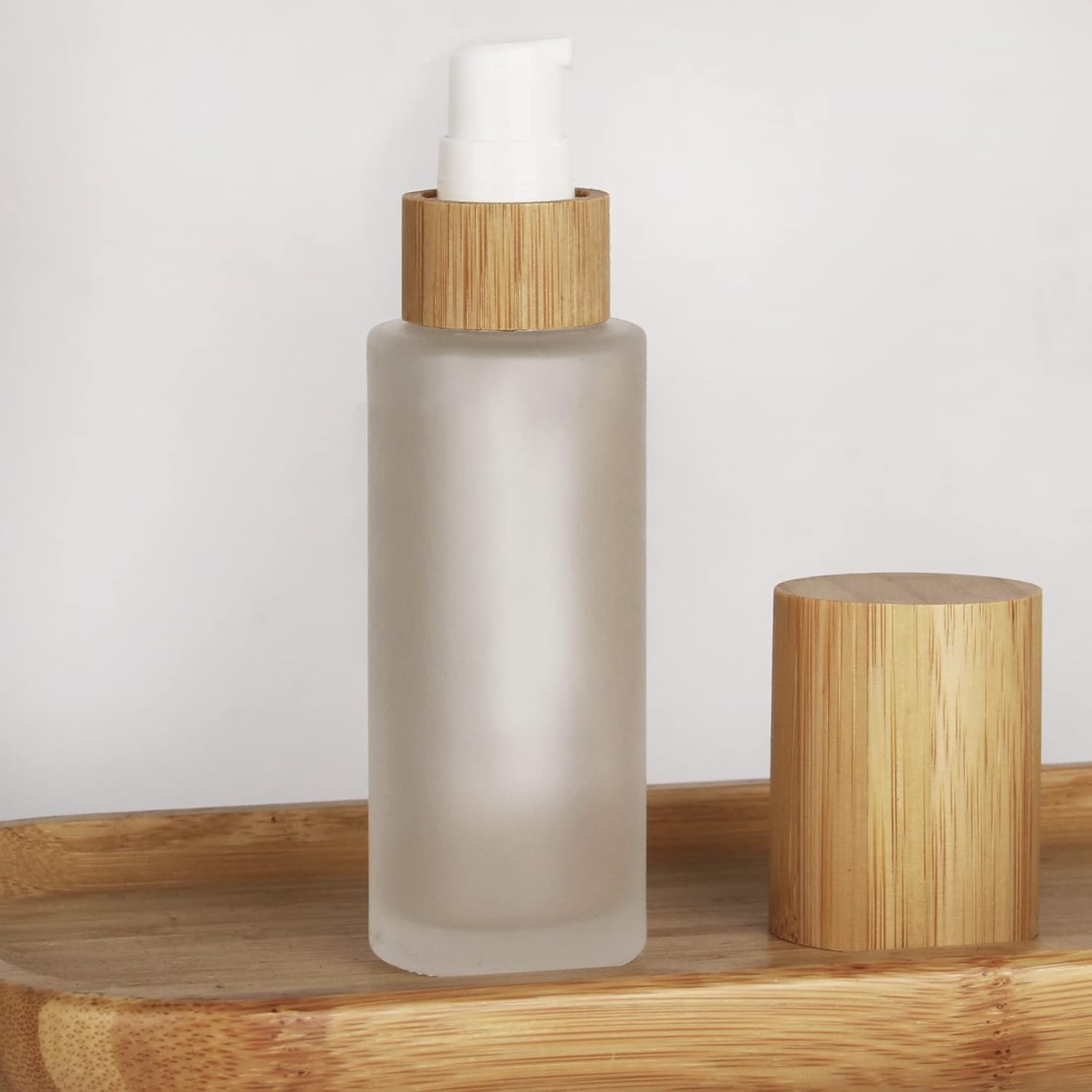 COSIDEA 6 pcs Empty 2oz / 60ml bamboo lids Frosted glass bottle with lotion pump dispenser, refillable emulsion cosmetic cream bottles, toiletries refill travel container