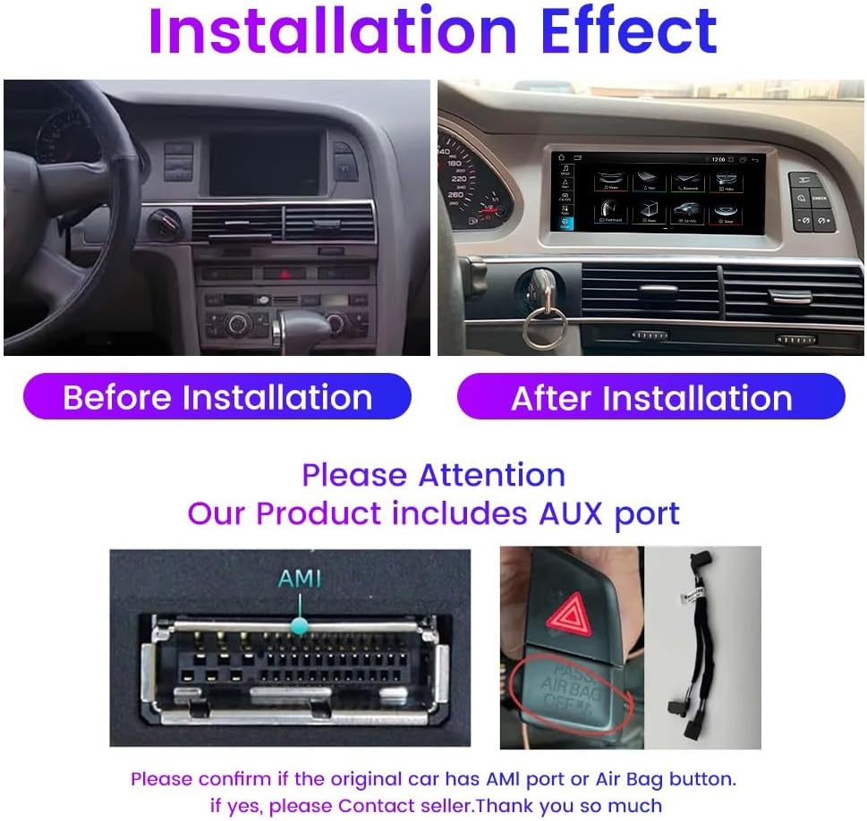 Installation effect showing before and after, and details on AUX port and Airbag button