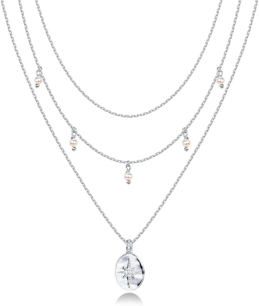 PAVOI Collares en capas con colgante celestial chapado en oro de 14 quilates para mujer | Colgantes celestiales grabados con circonita cúbica, collares de cadena en capas