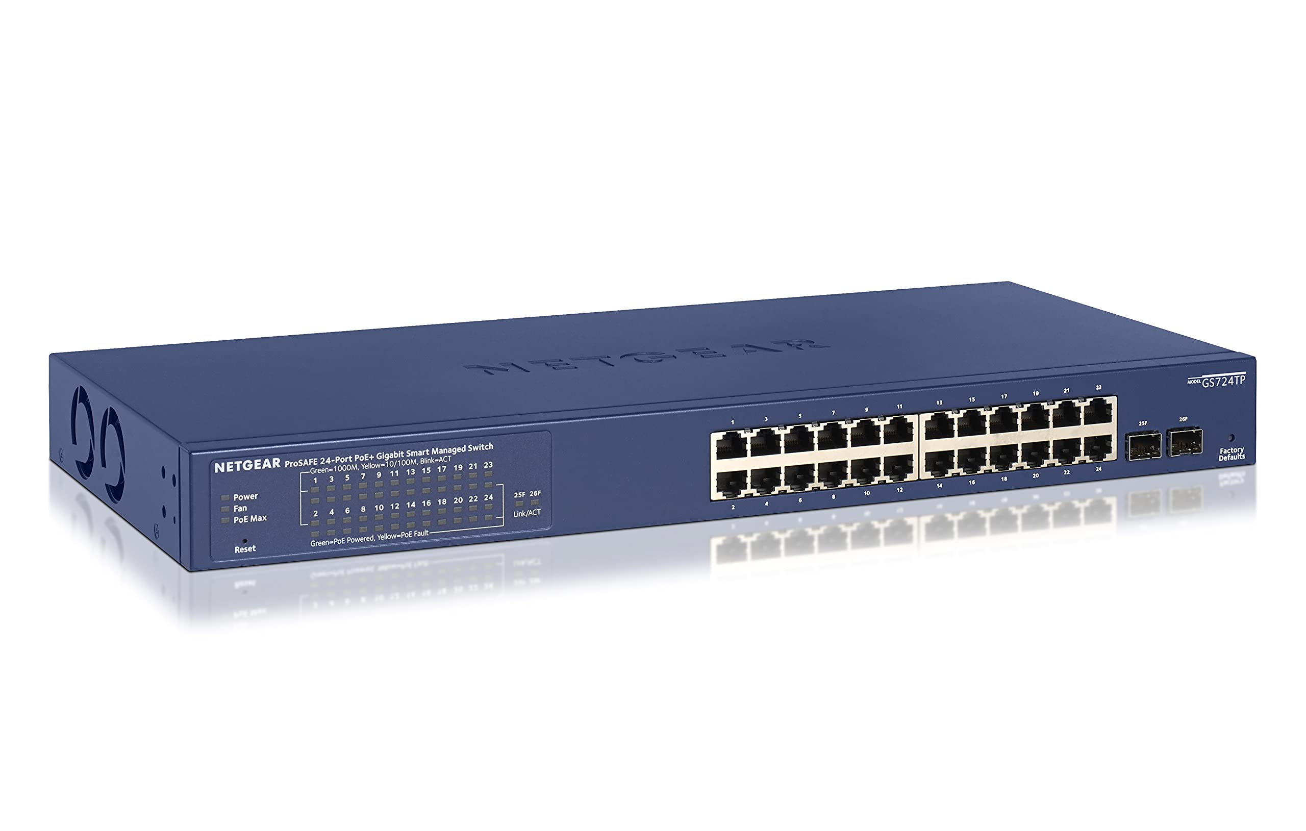 NETGEAR PoE Switch 24 Port (GS724TP) | Gigabit PoE+ Smart Managed Switch 19 Zoll | 24x PoE+ 190W, 2X 1G-SFP, Desktop oder Rack-Montage, ProSAFE Lifetime-Garantie