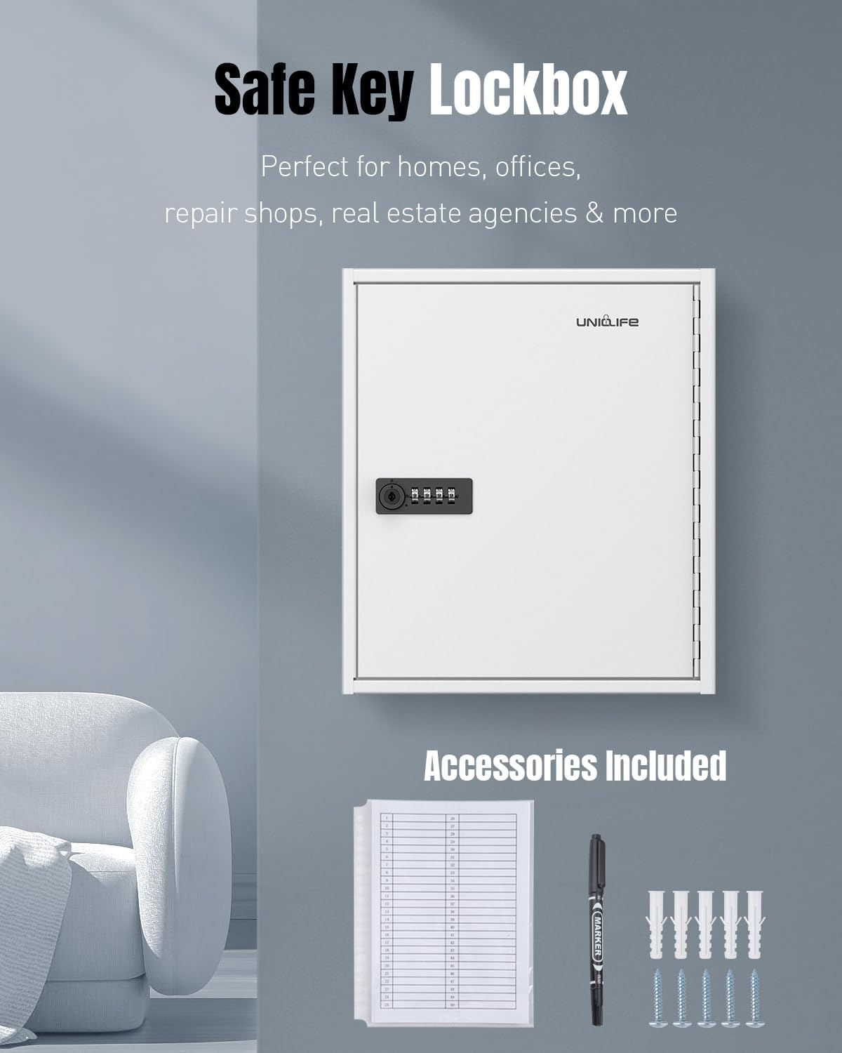 Uniclife 60 Position White Key Cabinet Steel Security Storage Box with Combination & Key Lock, Resettable, Digital, Adjustable Racks, Colorful Labels & Hooks
